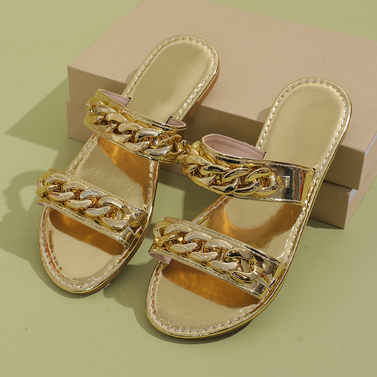 Women's Gold Flat Slides Open Toe Summer Slip-On Sandals