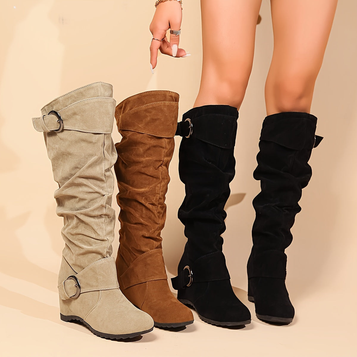 Women's Slouchy Fabric Mid-Calf Boots Round Toe Chunky Heel Beige Brown