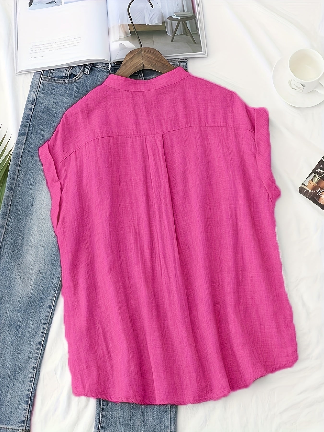 Блузка женская больших размеров из полиэстера повседневная с пуговицами, розовая в полоску, короткий рукав