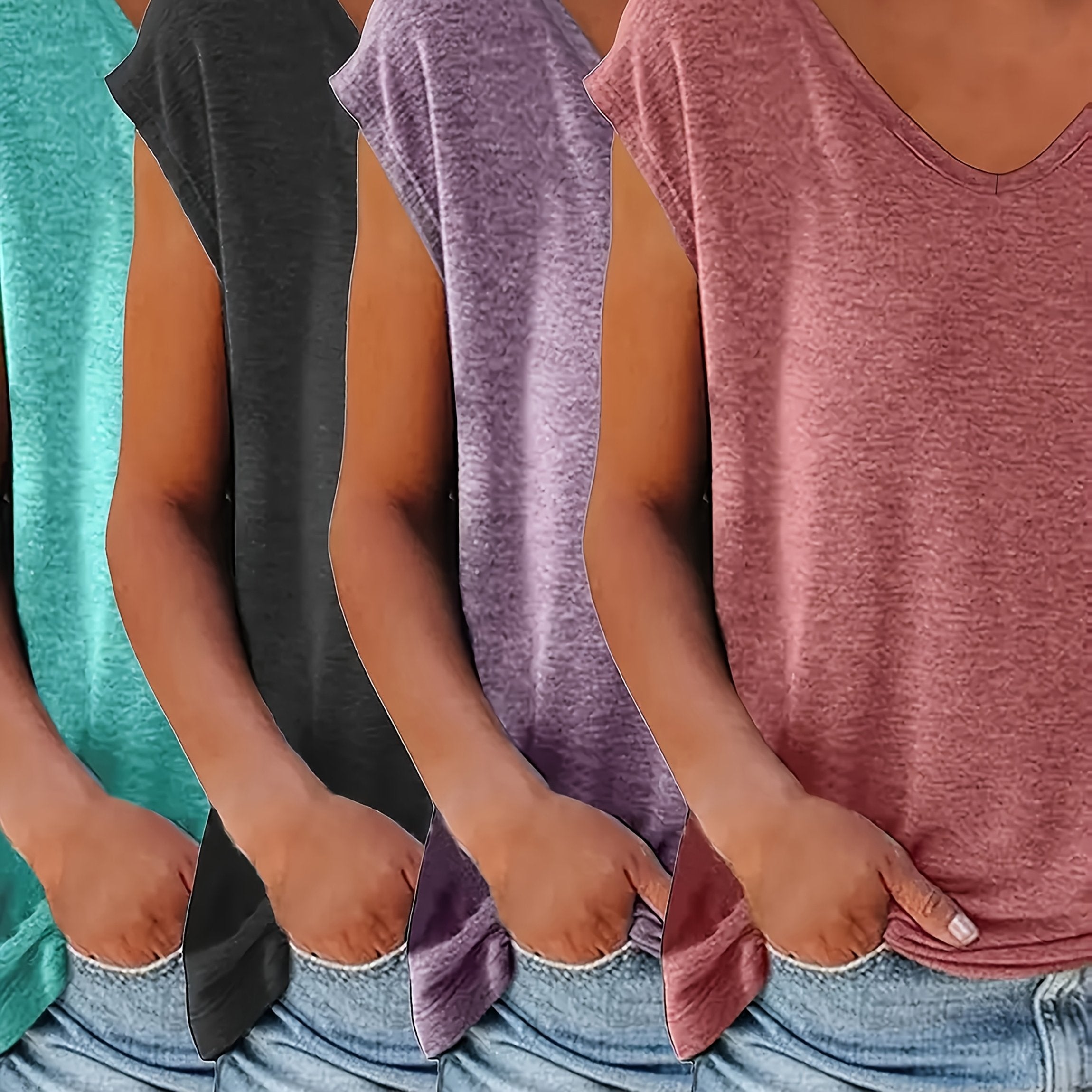 Комплектация из 4 футболок с коротким рукавом и V-образным вырезом для полных женщин, летние повседневные топы