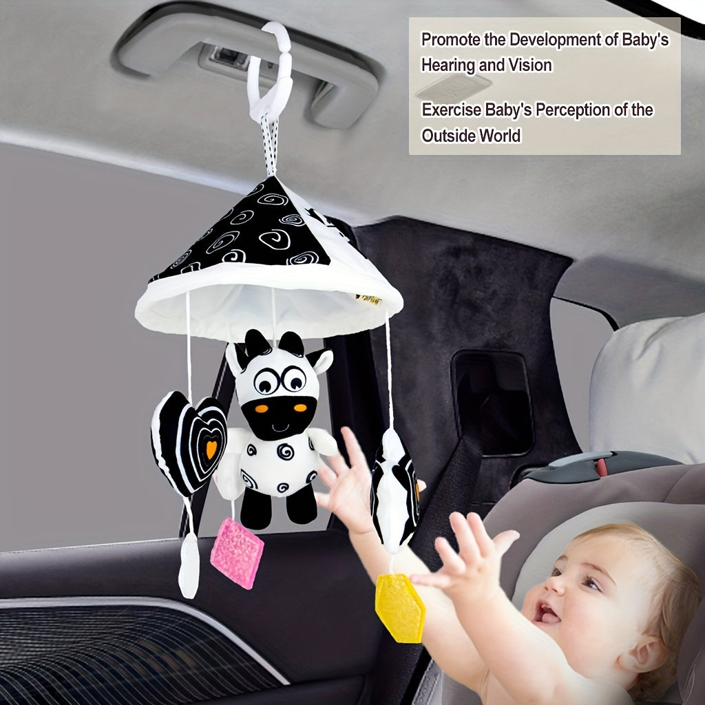 Baby Toy Car Hanging from Stroller with Black and White Animal Wind Chimes and Umbrella Bed Bell