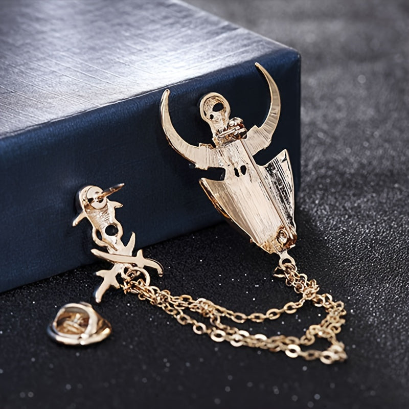 Set of 2 Gothic Skull Brooches with Vintage Bull and Pirate Designs in Gold and Silver Alloy