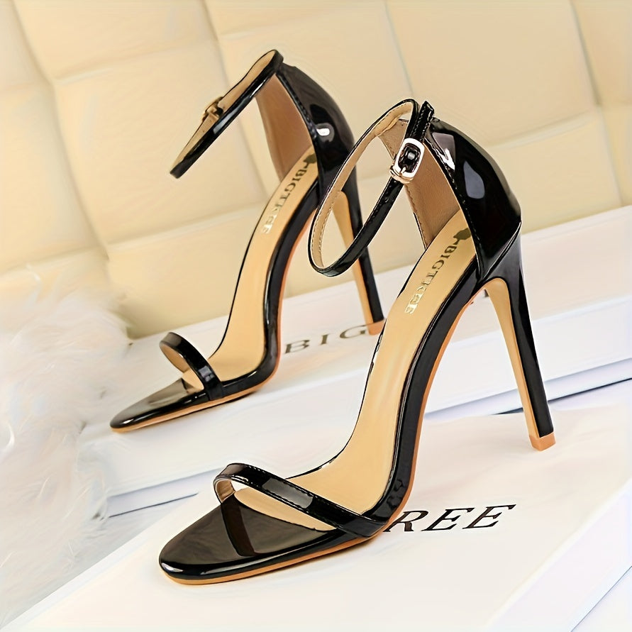 Women Black Stiletto Sandals Open Toe Ankle Strap High Heel Dress Shoes