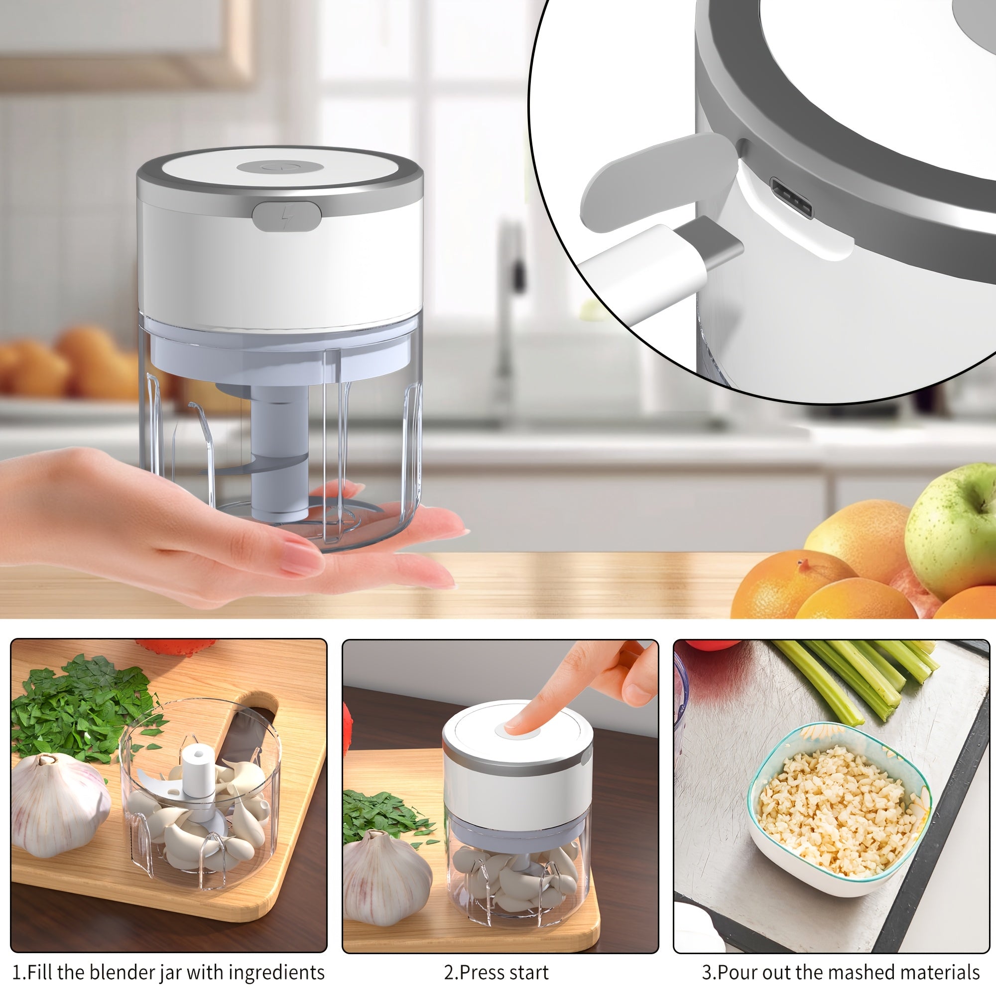 8.45oz Elektr mini sarimso'p maydalagich USB qayta zaryadlanadigan 1200 RPM Kichkina bardoshli