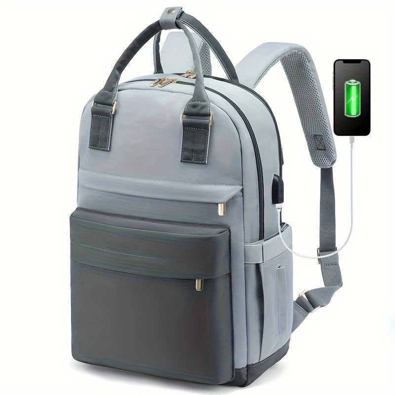 Large Capacity White Oxford Cloth Laptop Backpack with Zipper Closure and Side Pockets