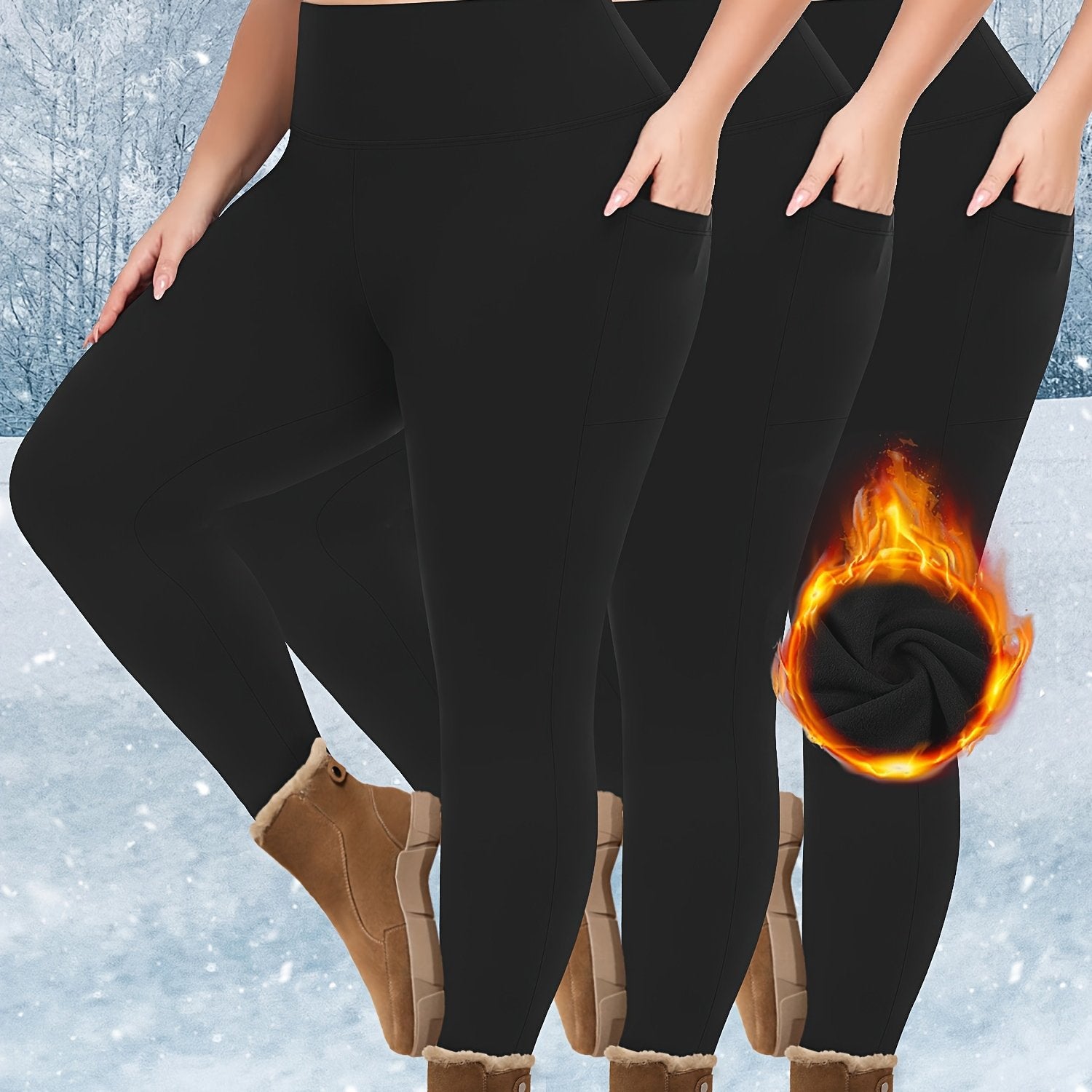 Plus Size Fleece-Lined Leggings High Waist Pockets Knit Solid Color