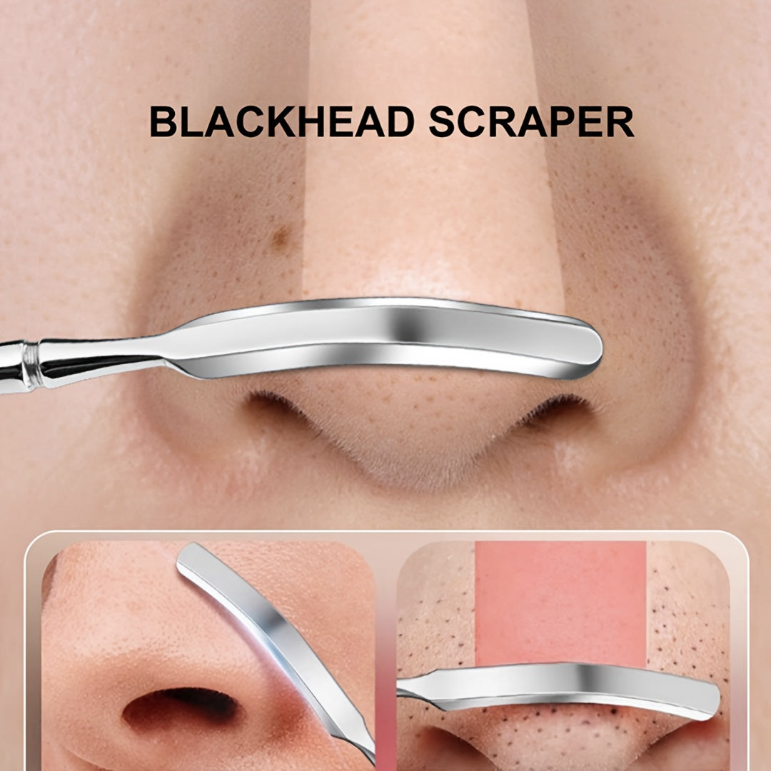 Unisex Stainless Steel Blackhead Scraper Set with Leather Handle and Dual Purpose