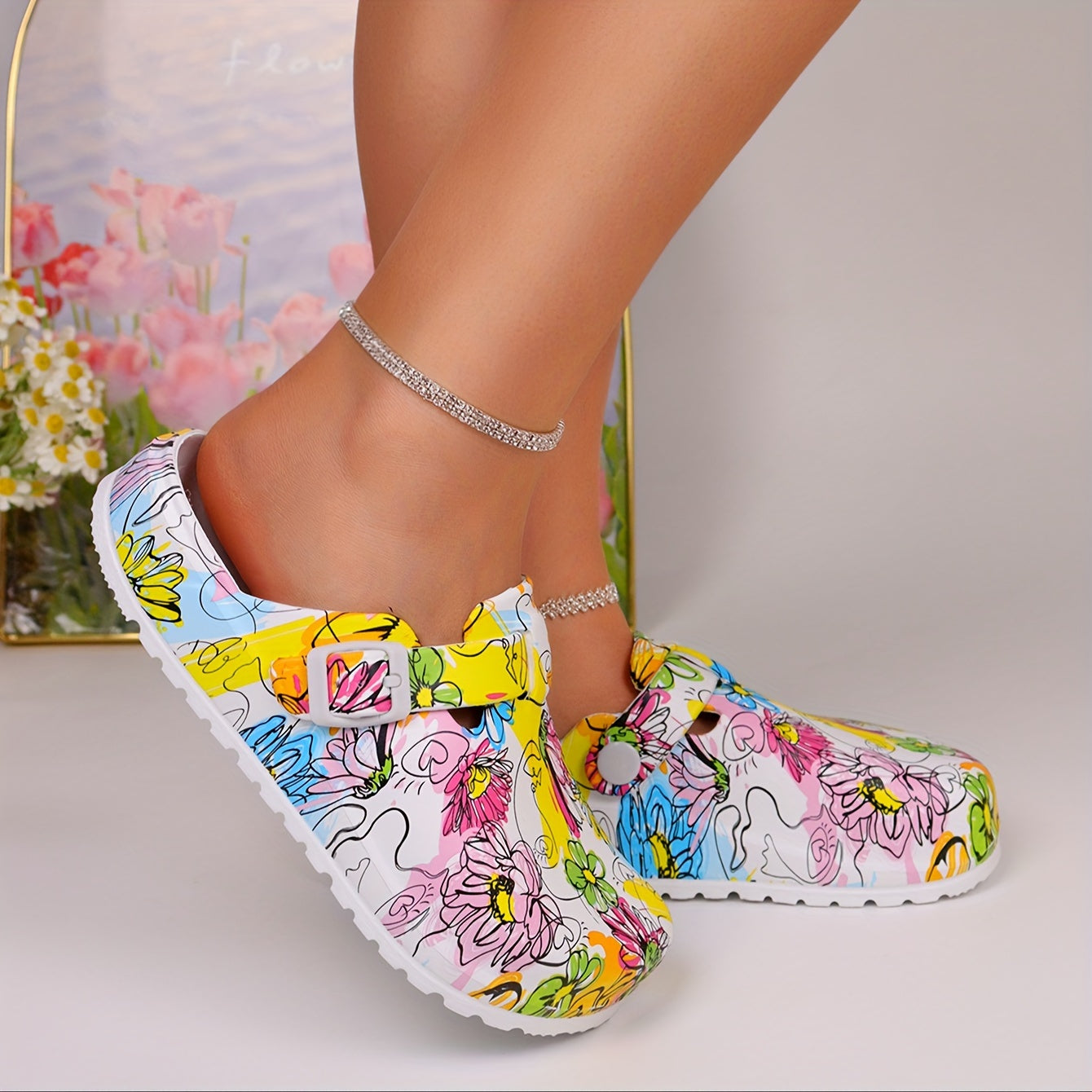 Women's EVA Clog Sandals Adjustable Buckle Flat Shoes for Daily Wear