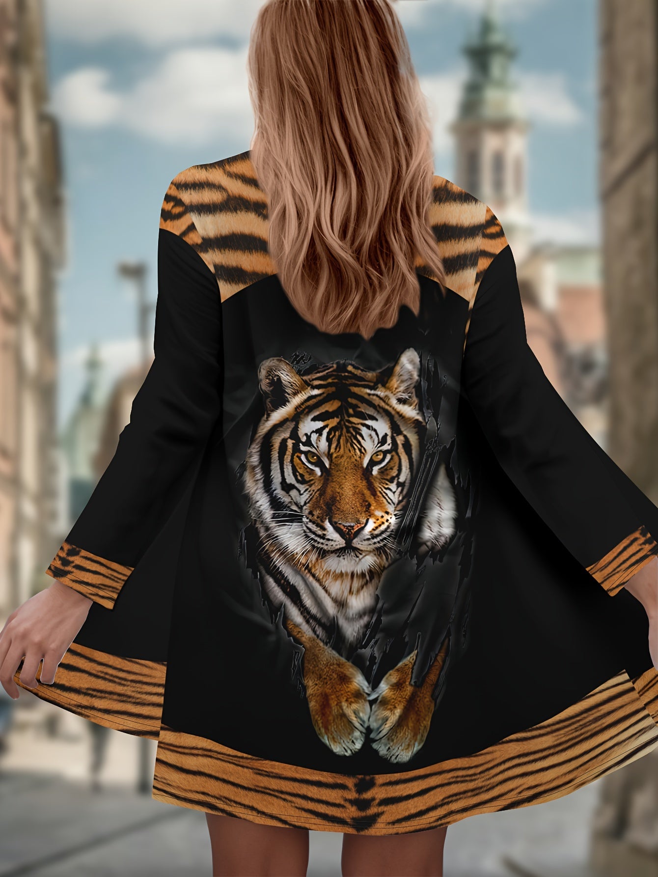 Plus Size Tiger Print Tunic Top Casual Open Front Long Sleeve Shirt for Spring Fall