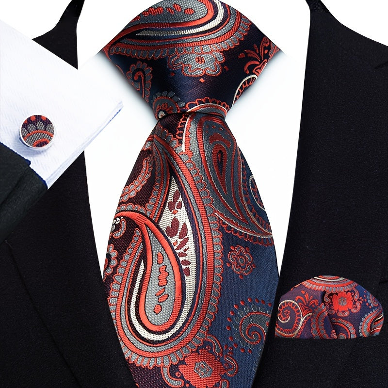 Men's Three-Piece Suit Set with Paisley Tie Pocket Towel and Cufflinks