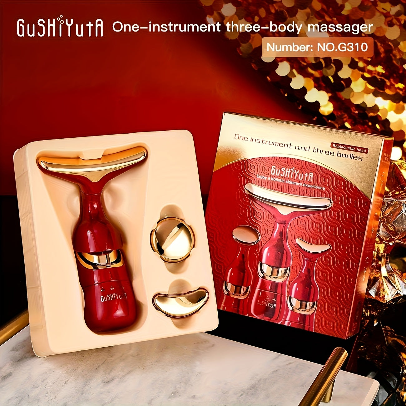 3-in-1 yuz, ko'z va bo'yin massajeri, issiqlik bilan, portativ batareyali, qizil oltin