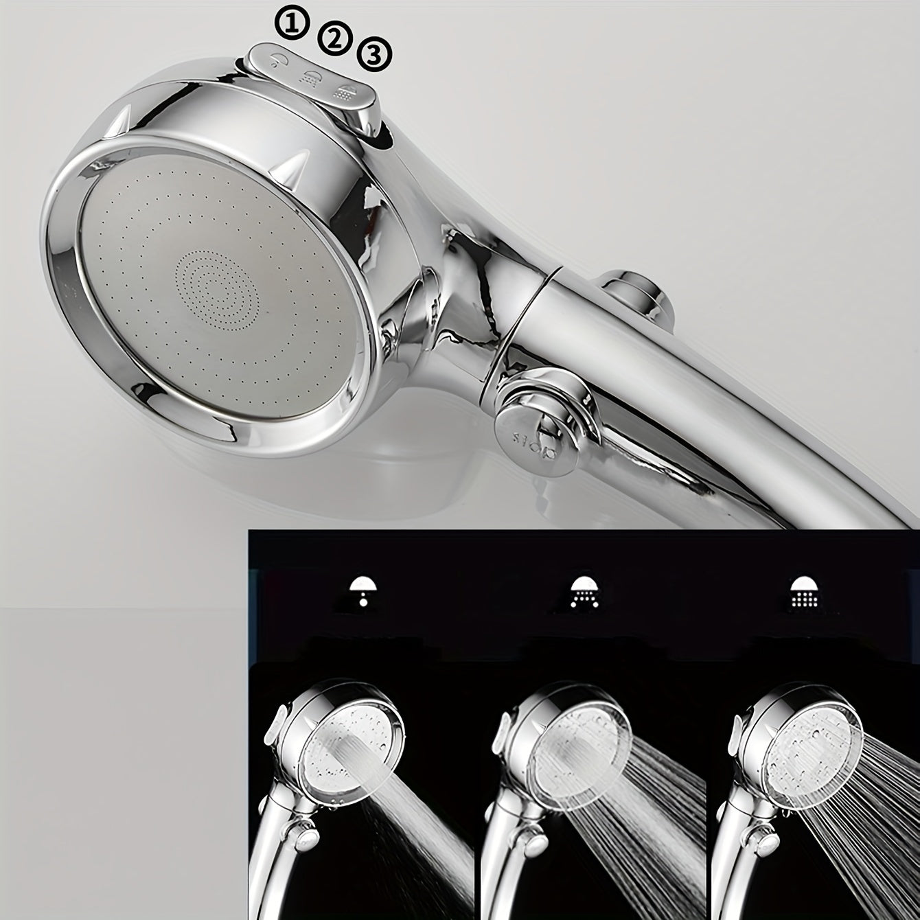 Cabezal de ducha de estilo alemán en plata con parada de agua con un botón y aumento de presión en tres velocidades