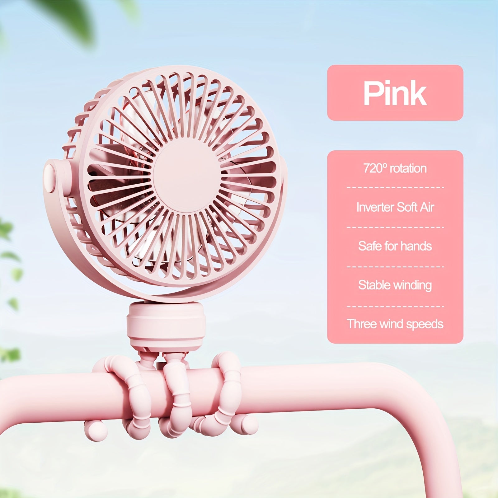 Portable Handheld Fan with Flexible Tripod Rechargeable 2000mAh Battery for Strollers Office Bedside Car Outdoor