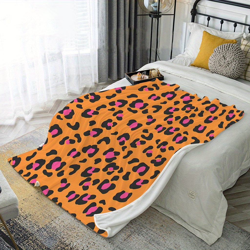 Cozy Flannel Fleece Blanket with Digital Orange Leopard Print for All Seasons