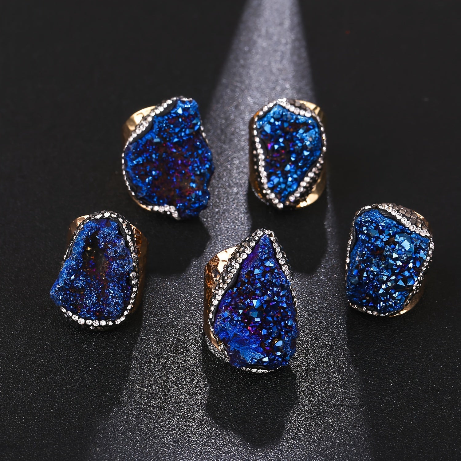 Women’s Irregular Natural Crystal Cluster Cuff Ring Alloy 18K Gold Plated Raw Stone Jewelry