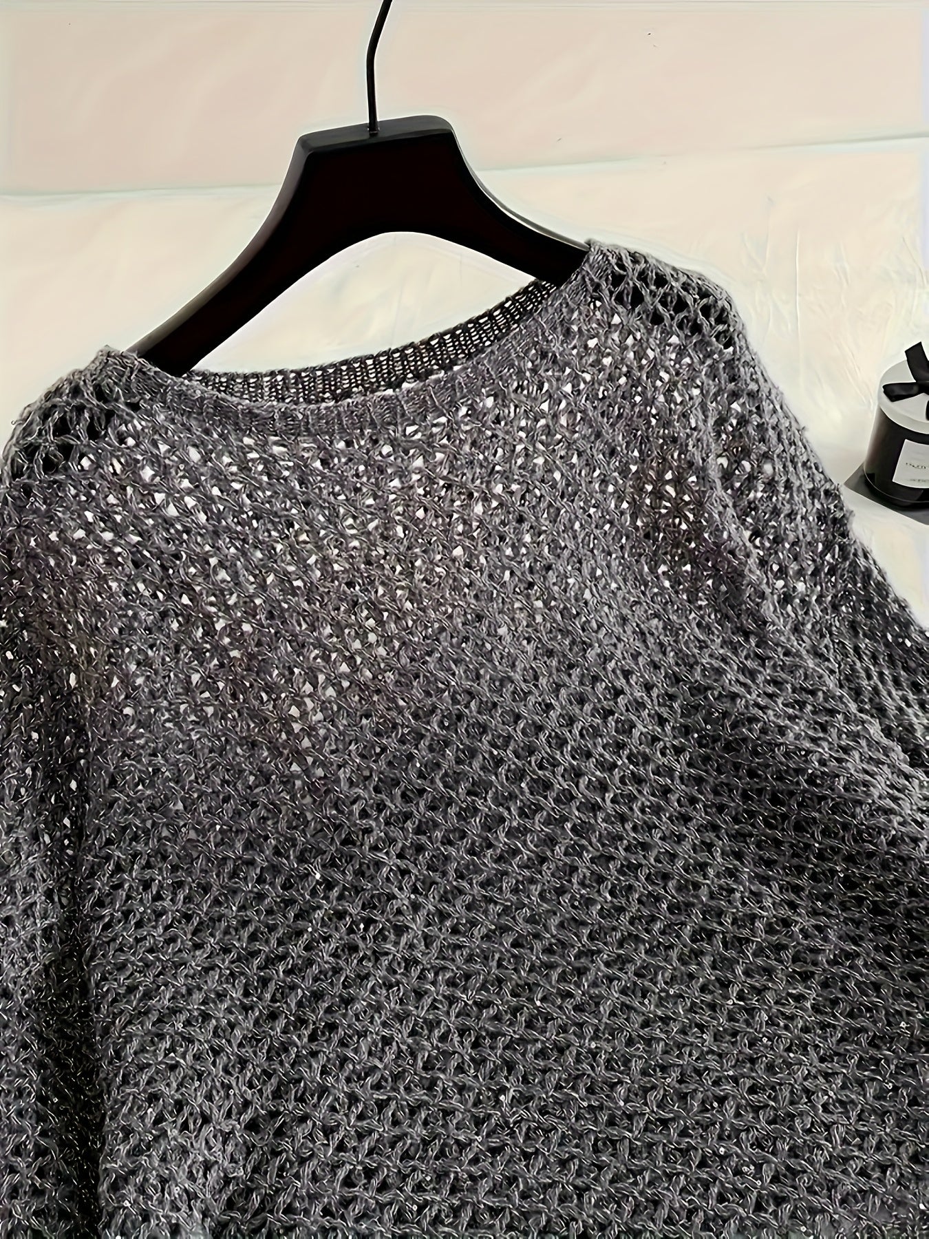 Women Plus Size Light Gray Crochet Sweater Long Sleeve Round Neck Pullover