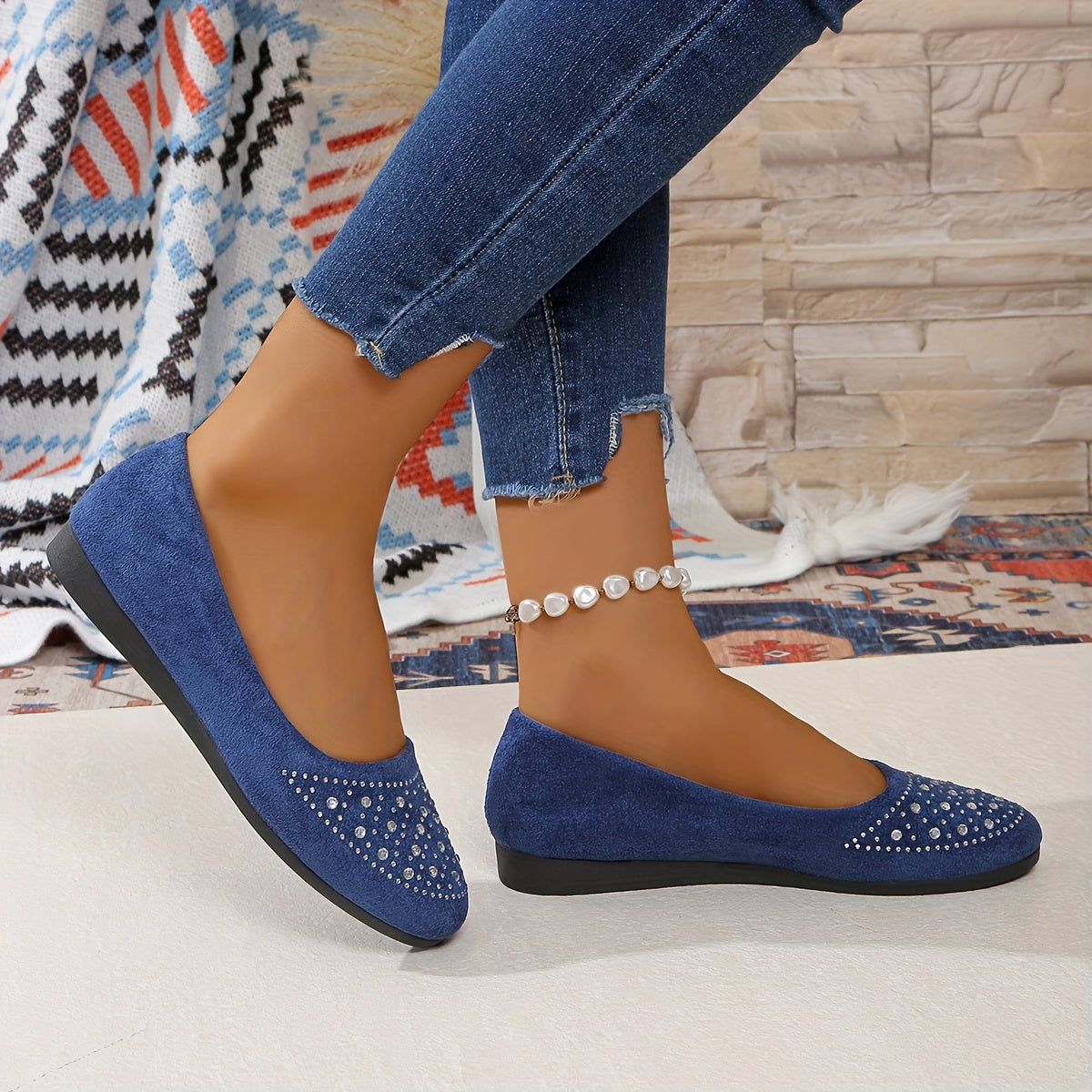 Women's Slip-On Flats with Rhinestone Accents Comfortable Lightweigh