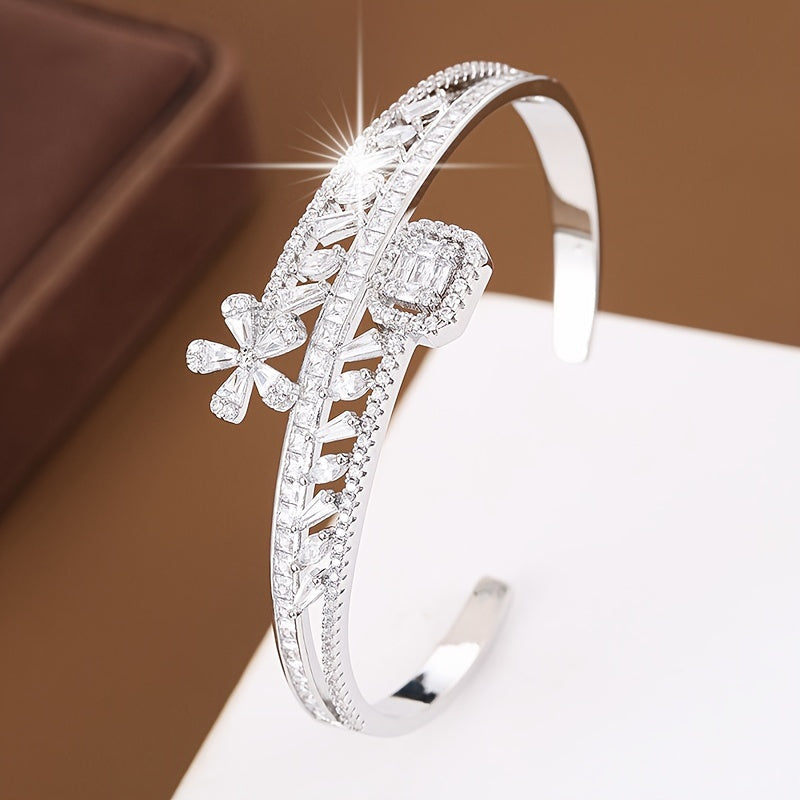 Adjustable Copper Bangle with Peach Blossom Design and Cubic Zirconia Inlay