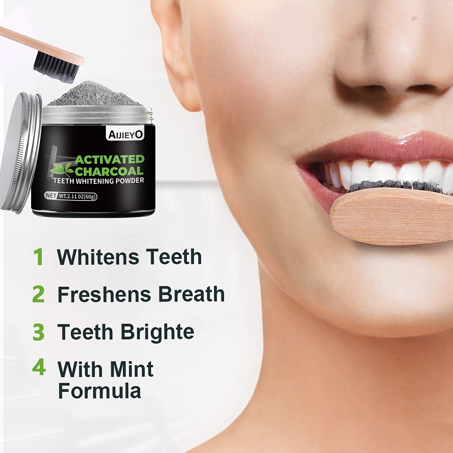 Charcoal Teeth Whitening Powder with Mint Flavor Brightens Smile Freshens Breath Natural Gums