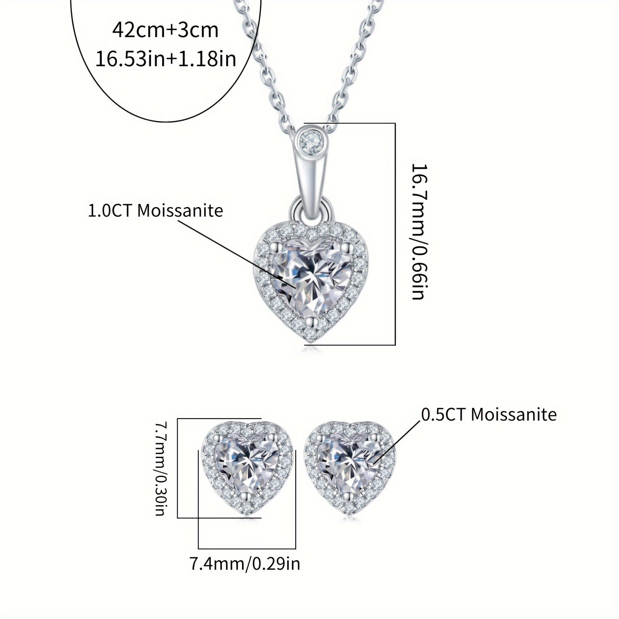 Women's Jewelry Set with Heart-Shaped Silver Earrings and Moissanite Necklace