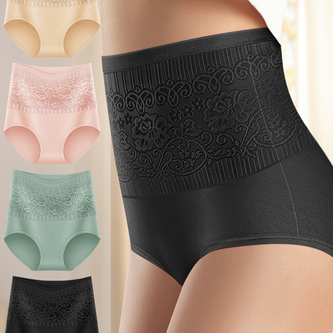 Women's High Waist Tummy Control Briefs 4 Pack Knit Fabric Elastane Random Print