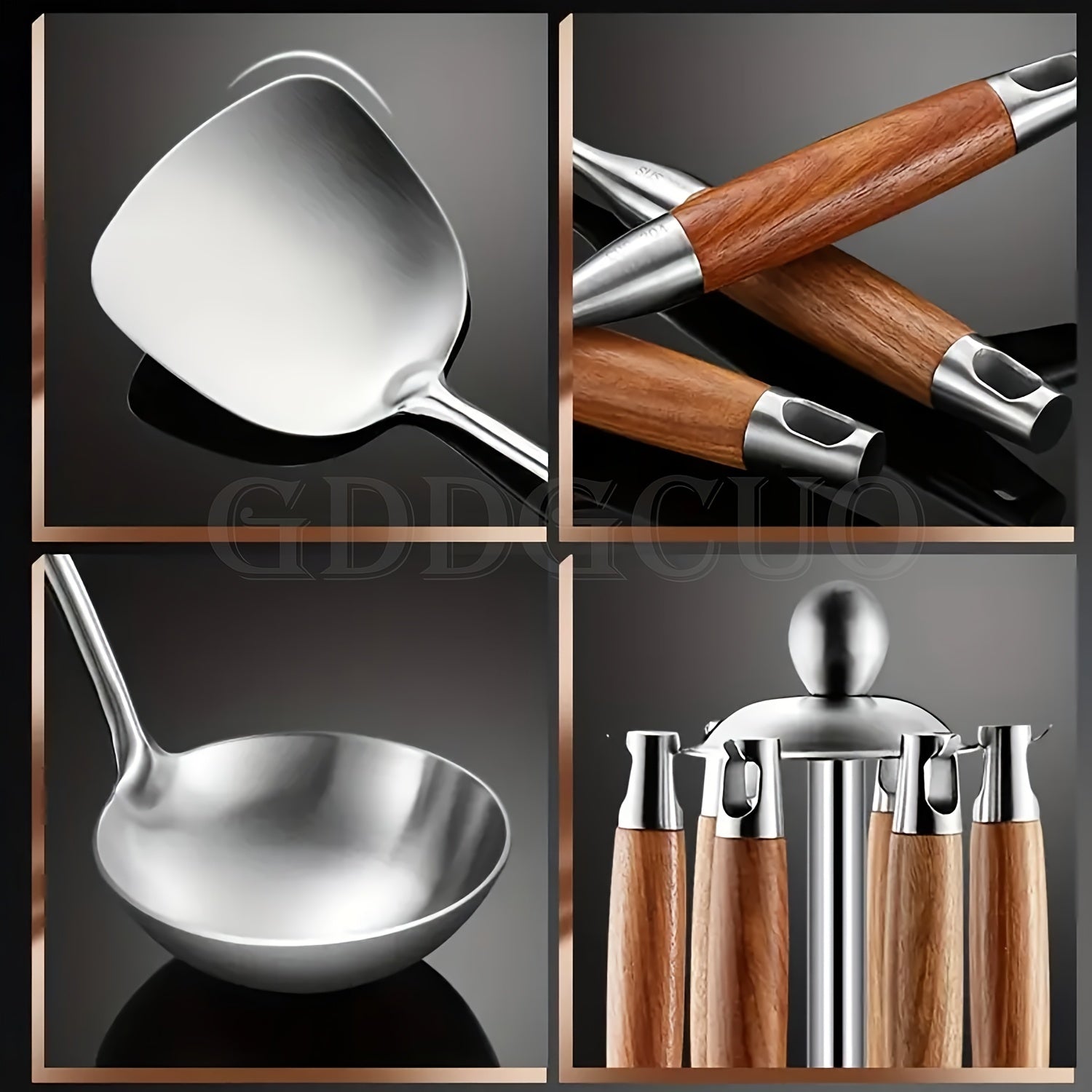 Seven-Piece Stainless Steel Cooking Utensil Set with Rotating Storage Stand