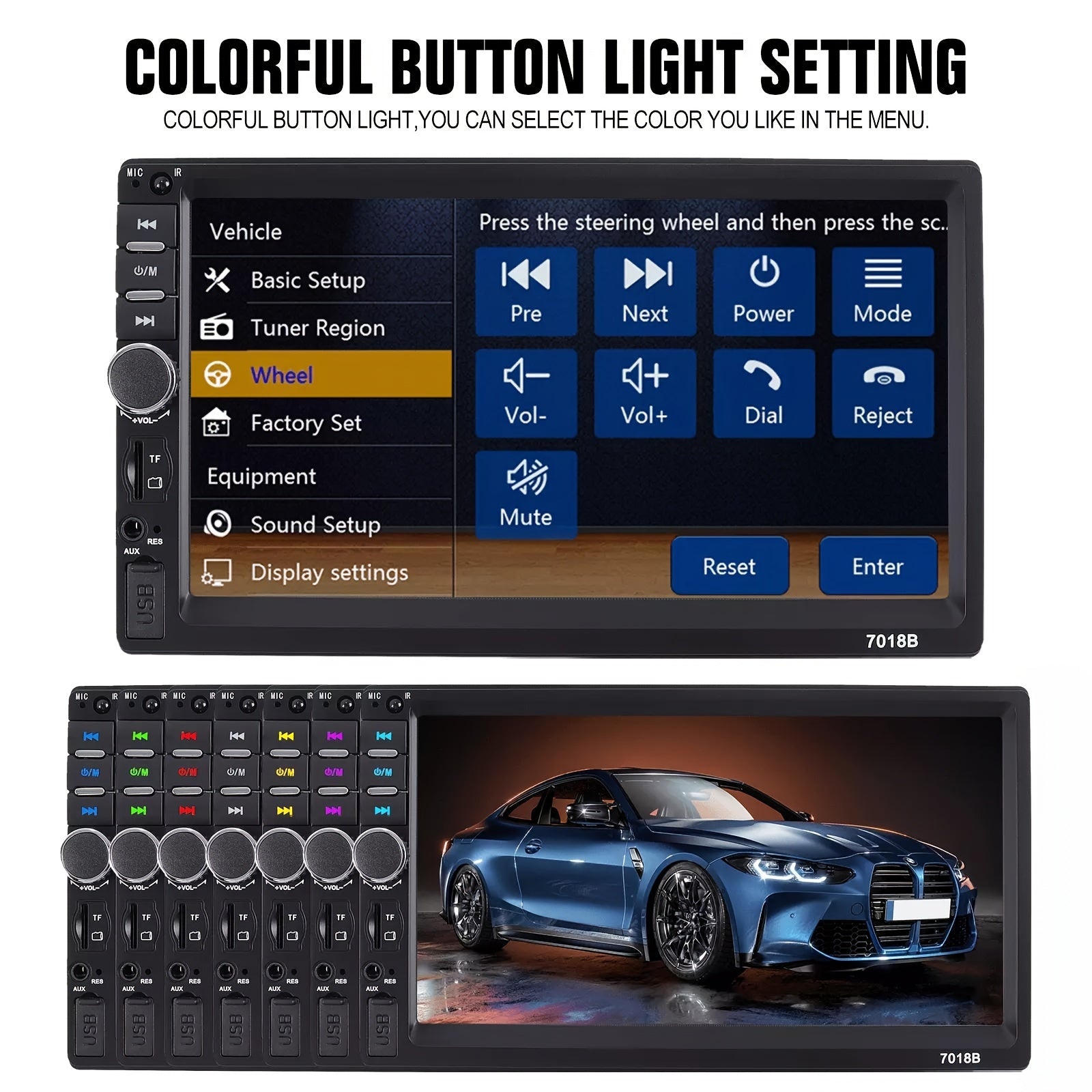 17.78cm Touch Screen Double Din Car Stereo with MP5 Player Wireless Hands-Free Mirror Link USB TF Aux