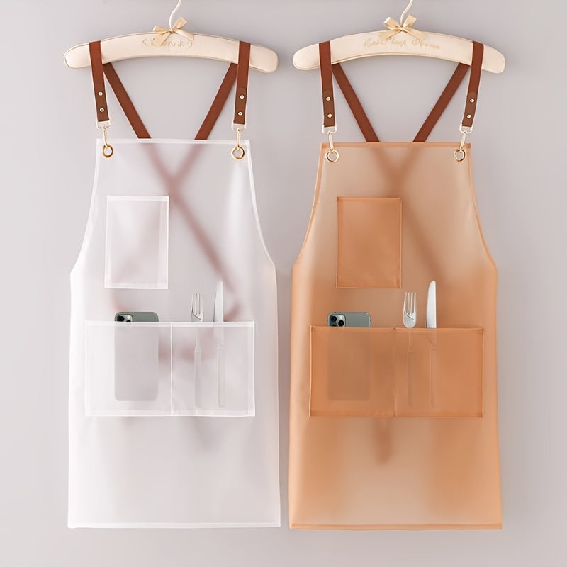 Waterproof Transparent TPU Apron with Brown Straps Stain-Resistant Adjustable Kitchen Tool Pockets