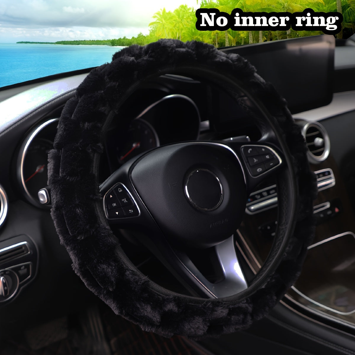 Winter Plush Car Steering Wheel Cover Faux Rabbit Fur Black White Stitching