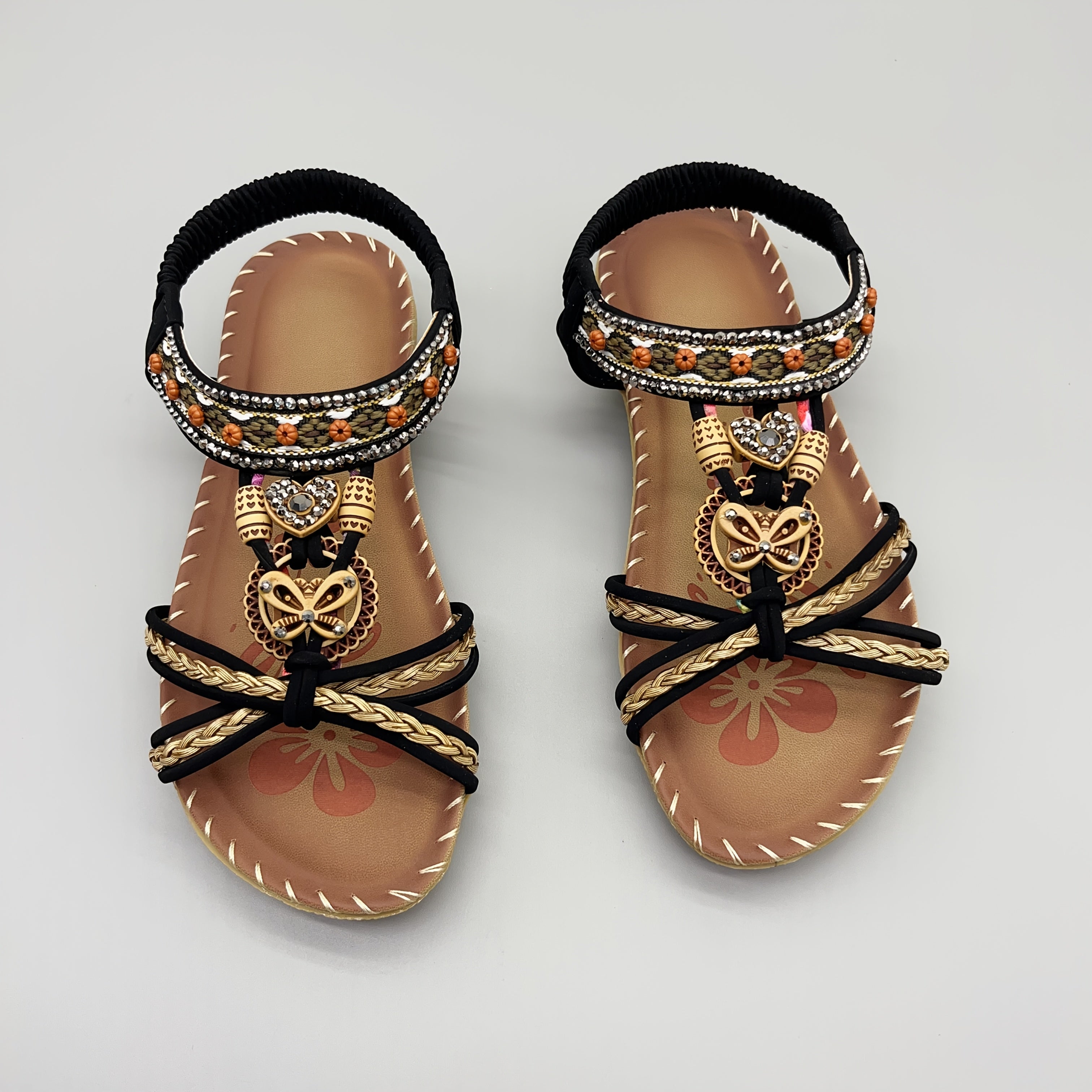 Women Bohemian Flat Sandals Adjustable Ankle Strap Round Toe Black White Orange