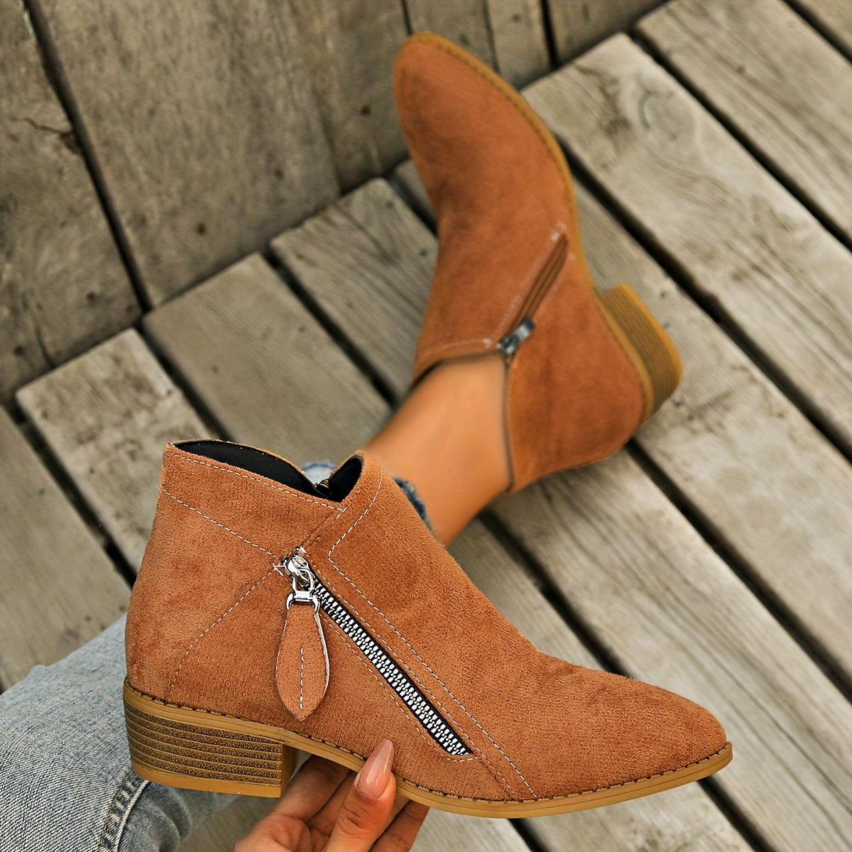 Women's Ankle Boots Retro Solid Color Casual Leather Footwear with Chunky Heel