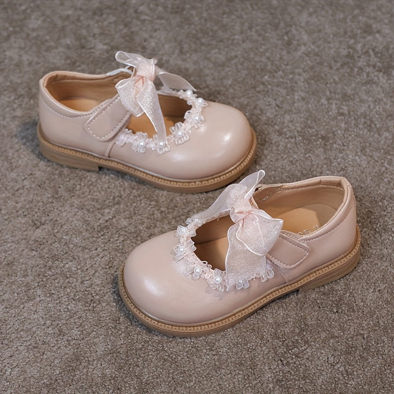 Girls' Princess Shoes with Bead Design Net Lace Bow for Parties and Daily Wear