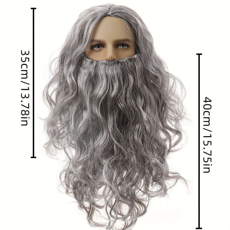 Long Grey Wavy Beard Wig for Men Cosplay Halloween Christmas Party Synthetic Heat-Resistant