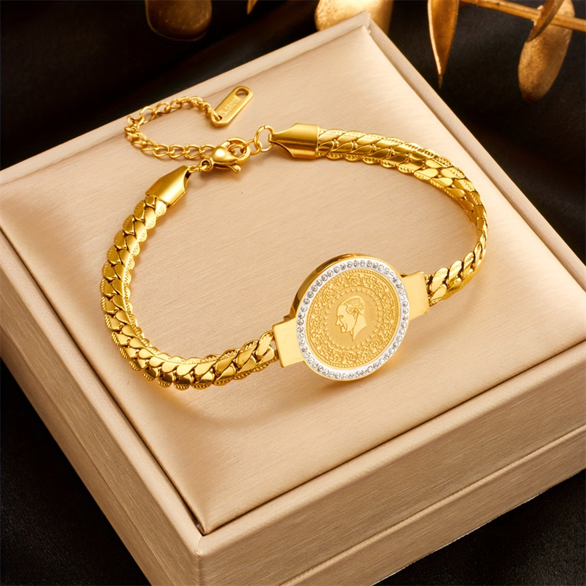 Stylish Gold-Tone Coin Bracelet with Rhinestones for Party and Banquet Outfits