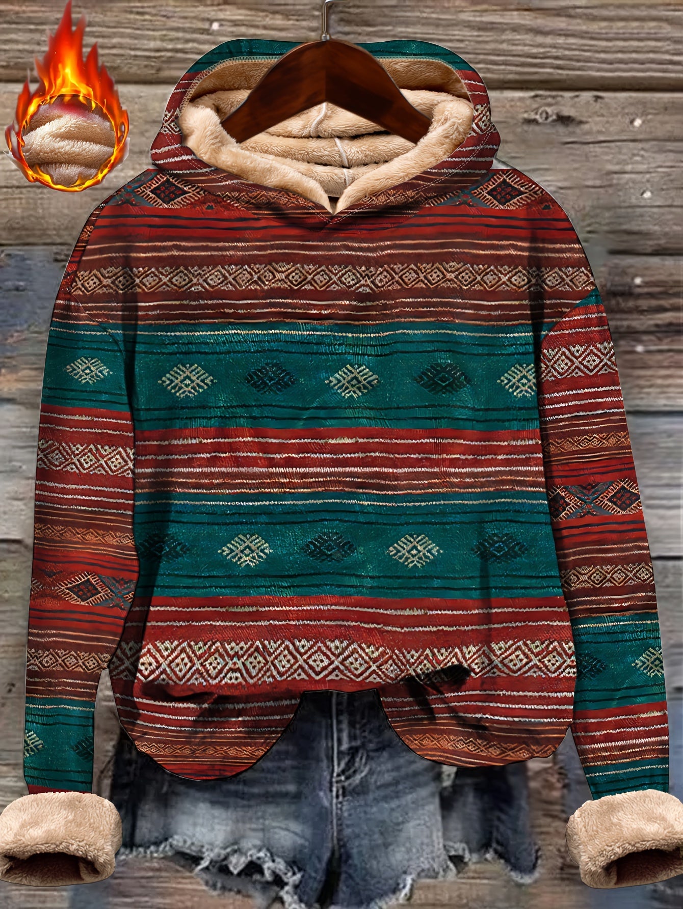 Plus Size Winter Hoodie Fleece-Lined Ethnic Print Long Sleeve Sweatshirt for Women