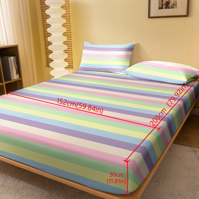 Striped Brushed Fitted Sheet Deep Pocket Mattress Protector for Bedroom Guest Room