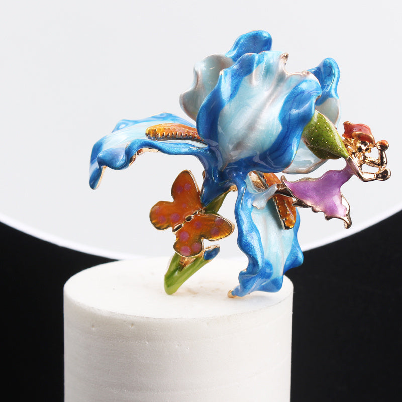 Vintage Enamel Iris Pixie Brooch Rhinestones Irregular Shape Jewelry