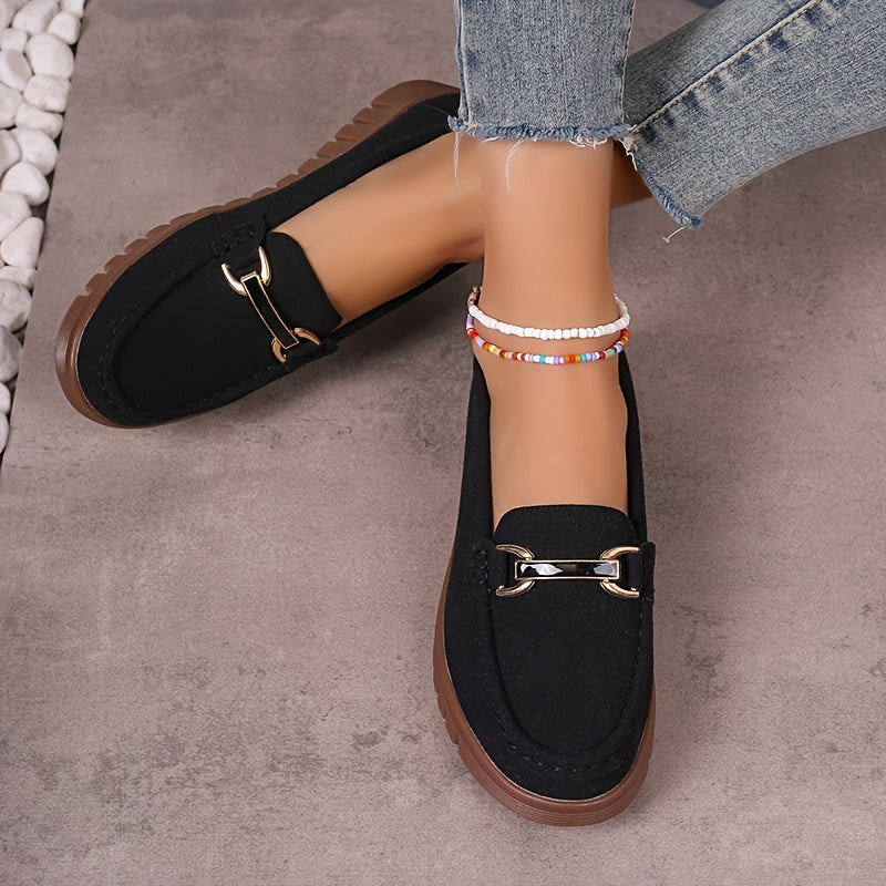 Women's Slip-On Loafers with Metallic Buckle Beige Black Comfortable Flats