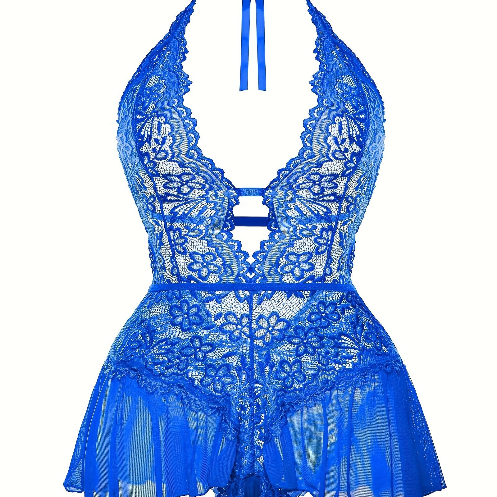 Women's Lingerie Bodysuit Floral Lace Plus Size Deep V Ruffle Halter