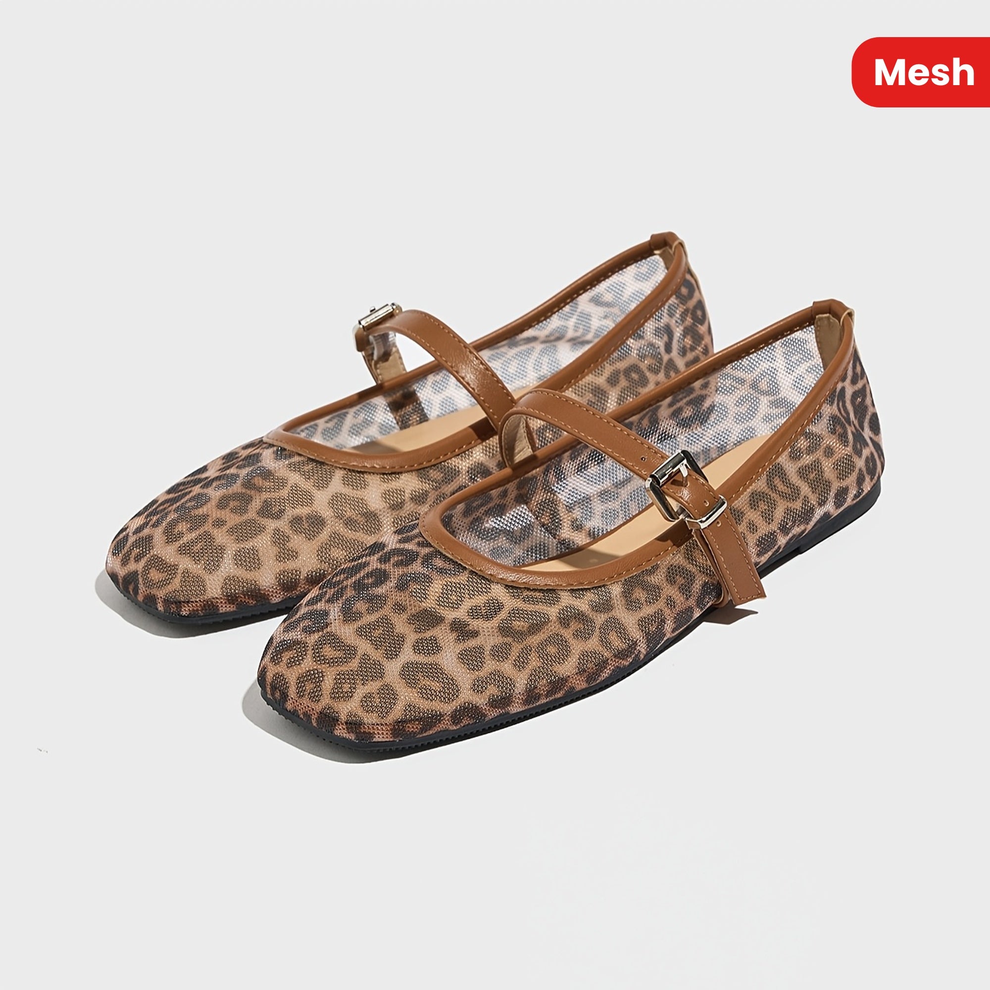 Women's Leopard Print Ballet Flats Breathable Mesh Slip-On Shoes