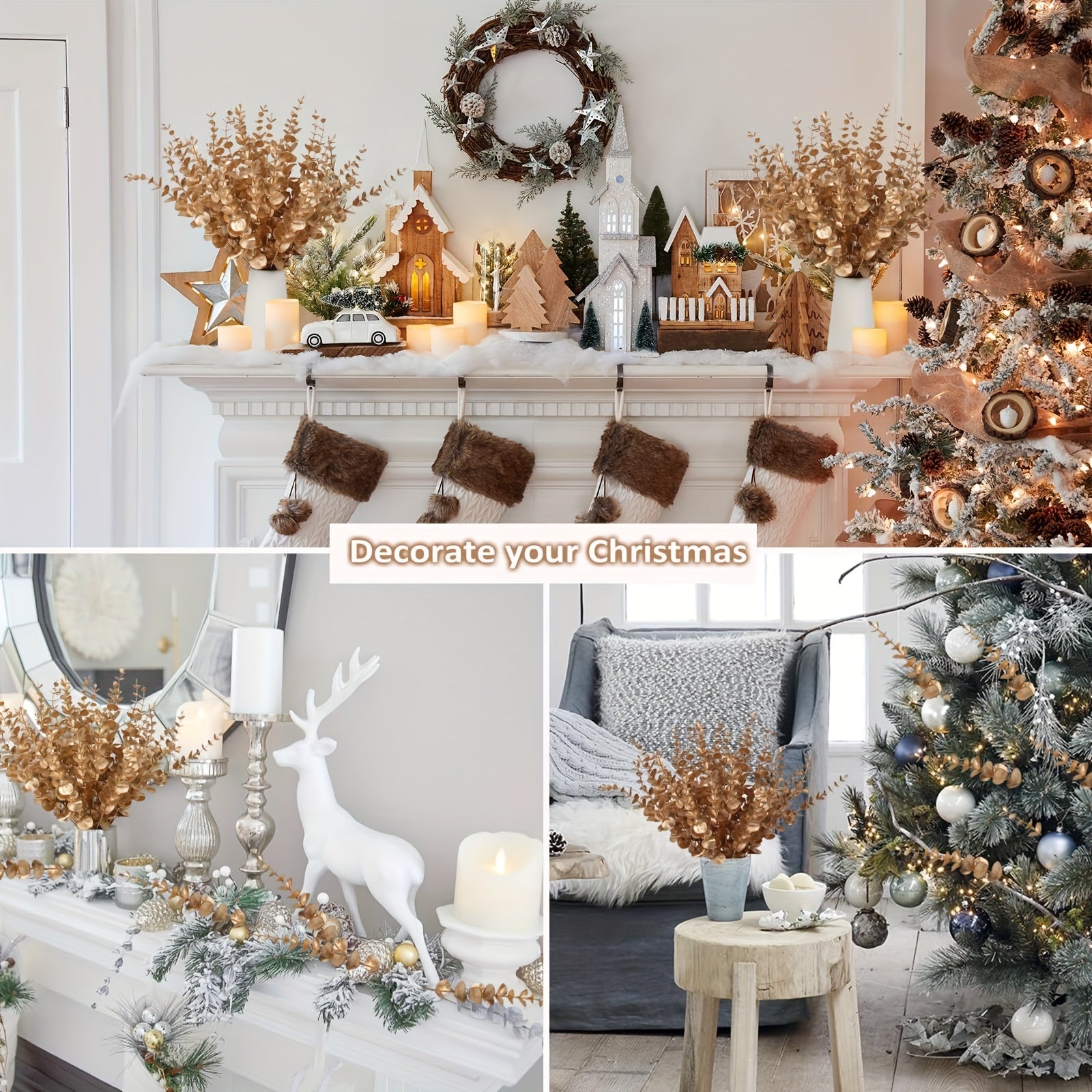 Artificial Flowers for Decorations Christmas Weddings Home Decor Eucalyptus Leaves and Gold Flowers
