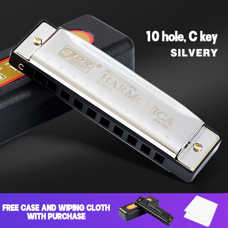 10-Hole C Key Blues Harmonica with Hard Case Stainless Steel Polished for Beginners Professionals