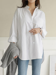 Women's White Cotton Long Sleeve Button-Up Office Shirt Loose Fit for Work or Casual