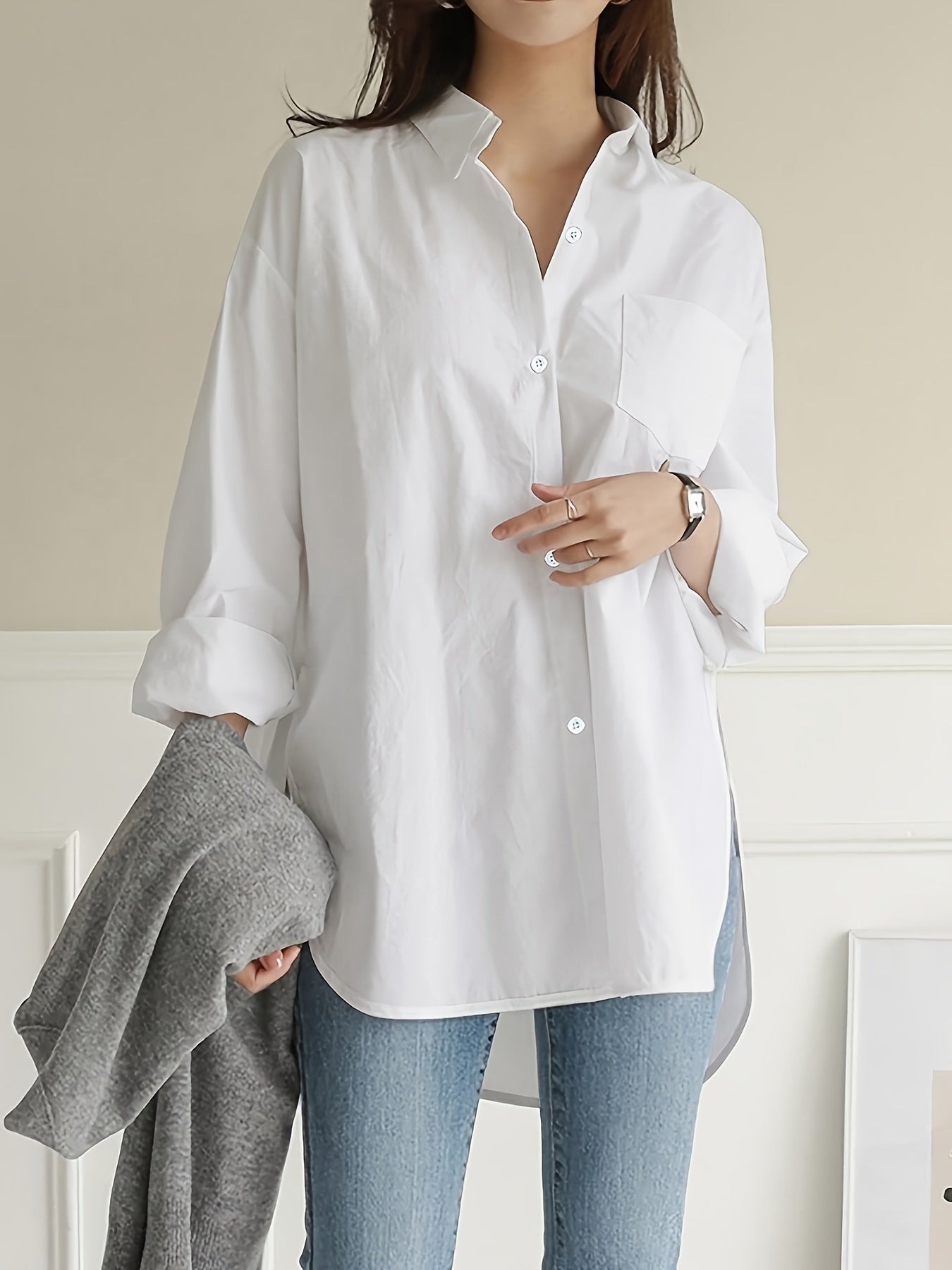 Women's White Cotton Long Sleeve Button-Up Office Shirt Loose Fit for Work or Casual