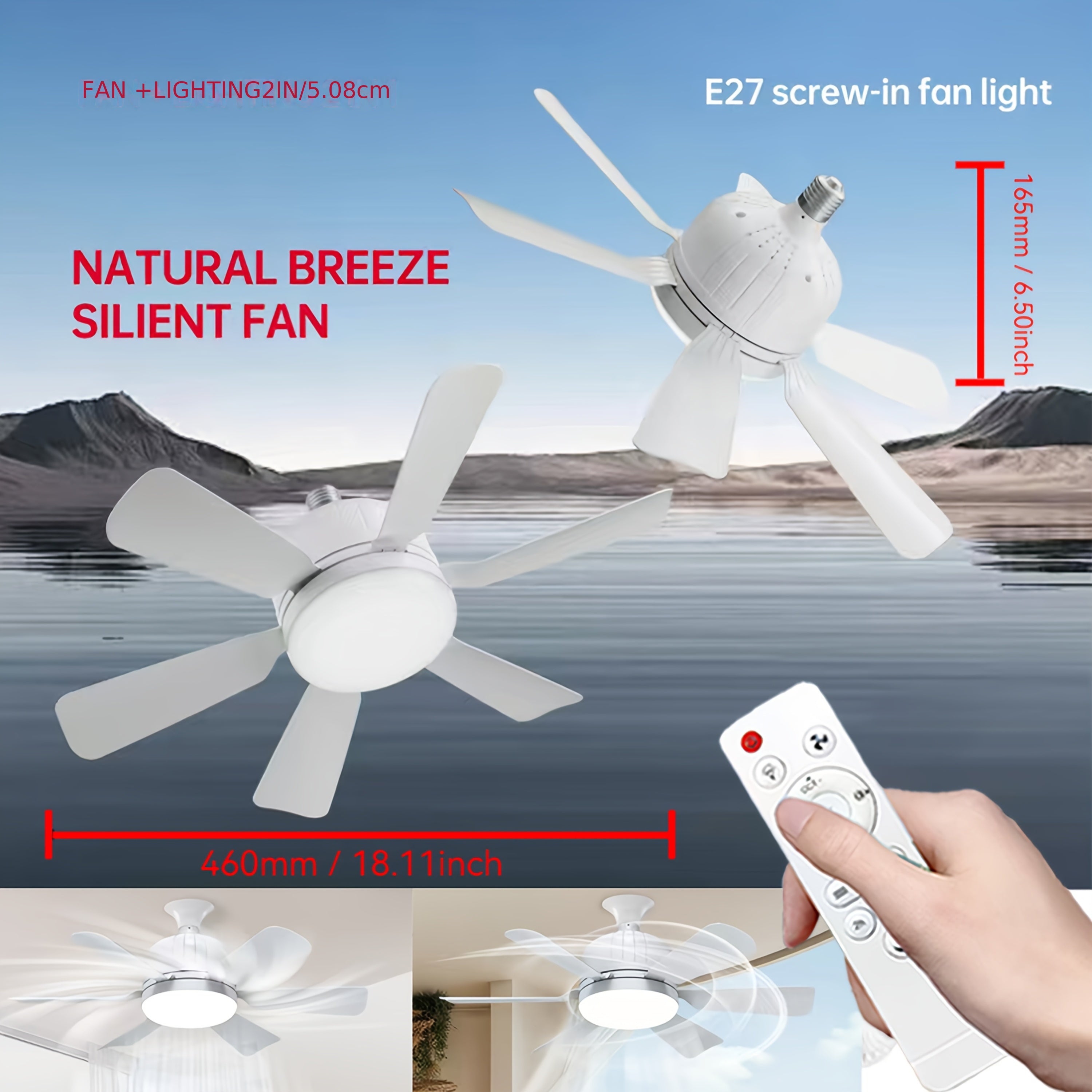 46cm Silent Ceiling Fan with LED Light 6 Blades Remote Control Dimmable White Indoor