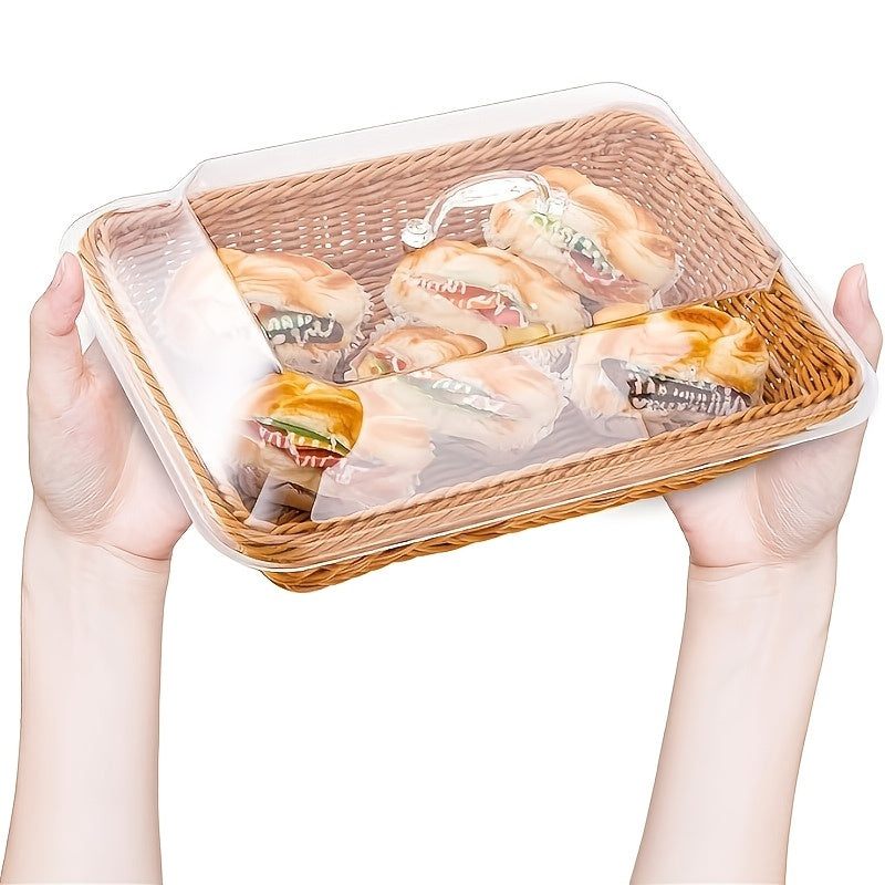 Wicker Bread Basket with Clear Acrylic Lid for Kitchen, Picnic, and Home Display