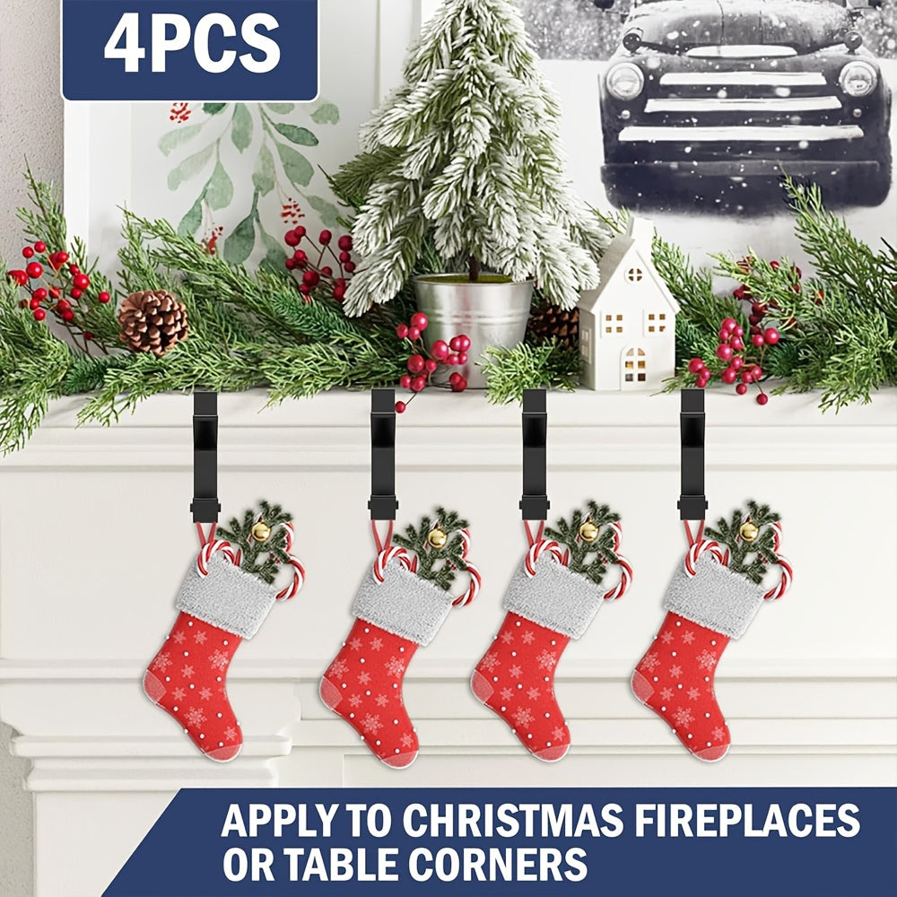 Set of 4 Adjustable Aluminum Fireplace Stocking Hooks for Holiday Decor and Home Organization