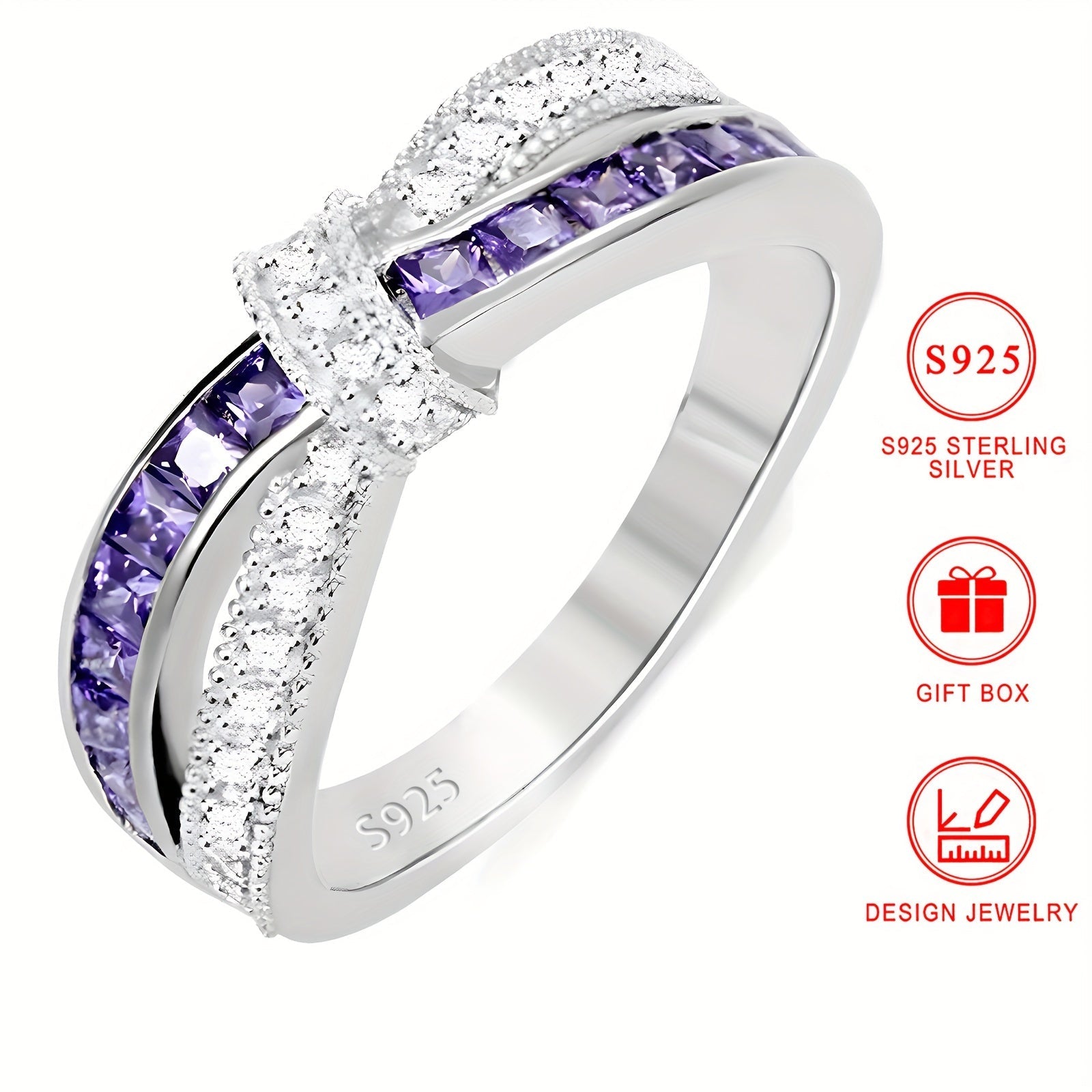 Sterling Silver Cross Bow Ring with Purple Zirconia and Colorful Stones