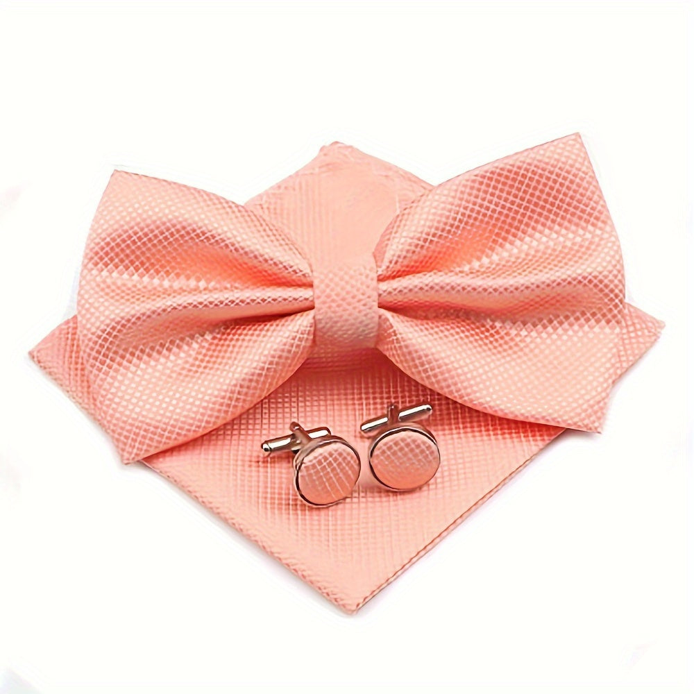 Set of 3 Wedding Accessories for Grooms and Groomsmen Bowtie Cufflinks and Pocket Towel