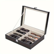 Eyewear Organizer Hard PU Leather Sunglass Storage Case with 8 Slots and Glass Lid